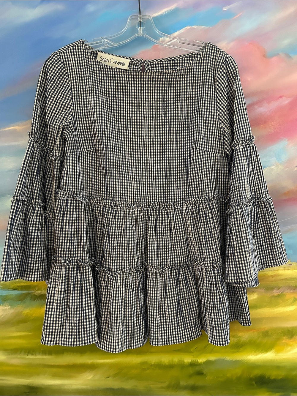 Sara Campbell Navy and White Gingham Tiered Bell-Sleeve Top